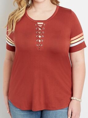 Maurices Lace-Up Short Sleeve Tee in Rust with Striped Sleeves
